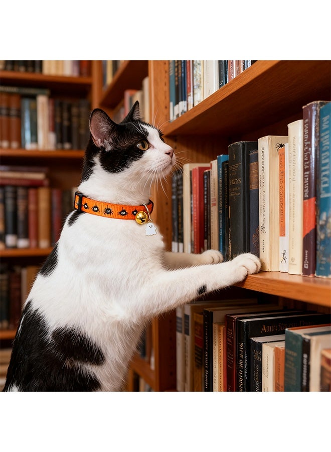 Halloween Cat Collar with Bell Adjustable Comfortable Kitten Halloween Collar Breakaway Spider Patterns Safety Holiday Cat Collars for Boys Girls,Kitten,Puppy Orange - Image 3