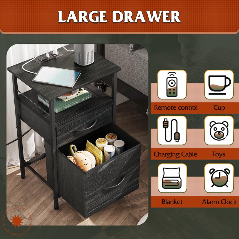 WLIVE Nightstand with Charging Station, Side Table with 2 Fabric Drawers, End Tables for Bedroom, Small Dresser, USB Ports and Outlets, Charcoal Black - Image 4