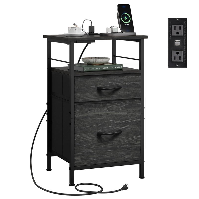 WLIVE Nightstand with Charging Station, Side Table with 2 Fabric Drawers, End Tables for Bedroom, Small Dresser, USB Ports and Outlets, Charcoal Black - Image 1