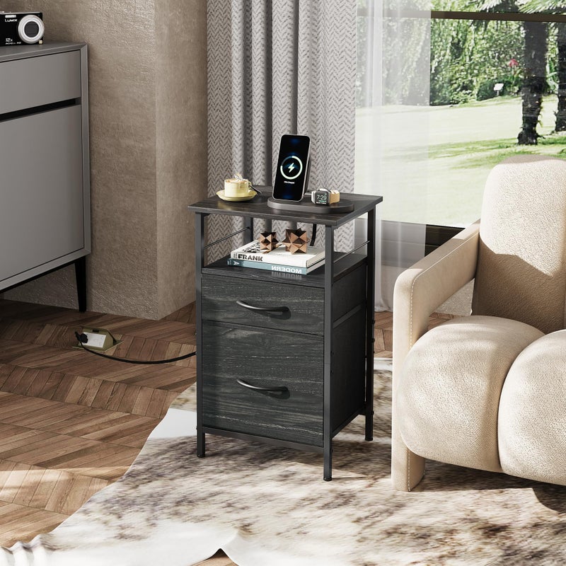 WLIVE Nightstand with Charging Station, Side Table with 2 Fabric Drawers, End Tables for Bedroom, Small Dresser, USB Ports and Outlets, Charcoal Black - Image 2