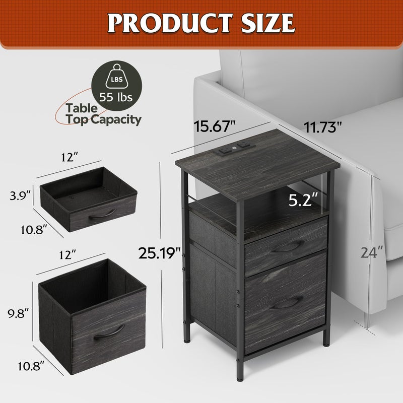 WLIVE Nightstand with Charging Station, Side Table with 2 Fabric Drawers, End Tables for Bedroom, Small Dresser, USB Ports and Outlets, Charcoal Black - Image 5