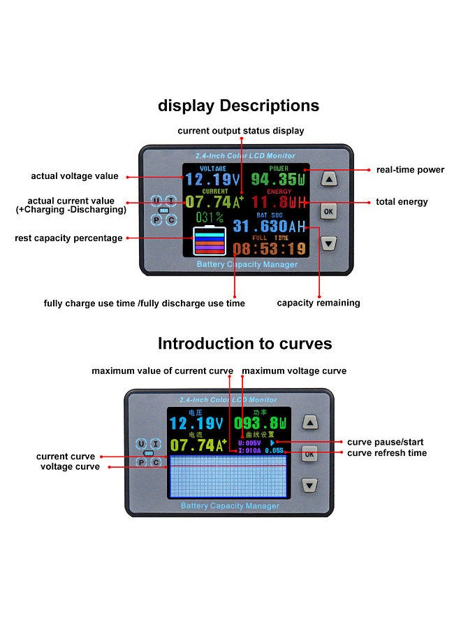 Generic 2.4inch Color LCD Screen Coulometer Voltage Current Capacity Meter Electric Car RV Battery Coulometers Bidirectional Current Detection  - Image 5