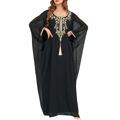 ODIZLI Abaya Dress for Women Plus Size Ethnic Shirts Muslim Clothes for Women Eid Ramadan Prayer Outfits Kaftan Dresses Batwing Sleeve Loose Maxi Robe Embroidered Islamic Dress Black One Size - Image 1