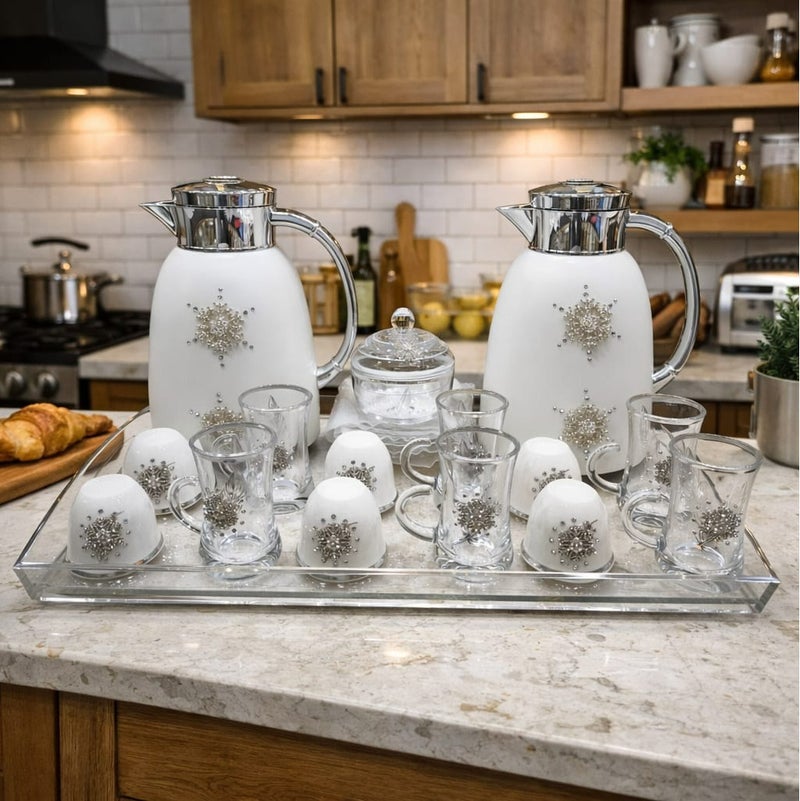 Radin Exclusive 22 Piece Tea and Coffee Set Perfect For Ramadan Kareem 2 Thermos Flasks 6 Tea Cups With Saucers 6 Coffee Cups 1 Acrylic Tray 1 Sugar Bowl New Collection - Image 1