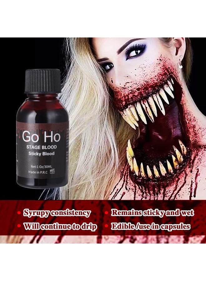 Go Ho Halloween Fake Blood Washable(1 oz),Dripping Sticky Blood with Brushes,Edible Fake Blood Makeup for Eyes Drips Teeths Mouth Nose Bleeds,Cosplay SFX Zombie Vampire Blood Makeup - Image 3