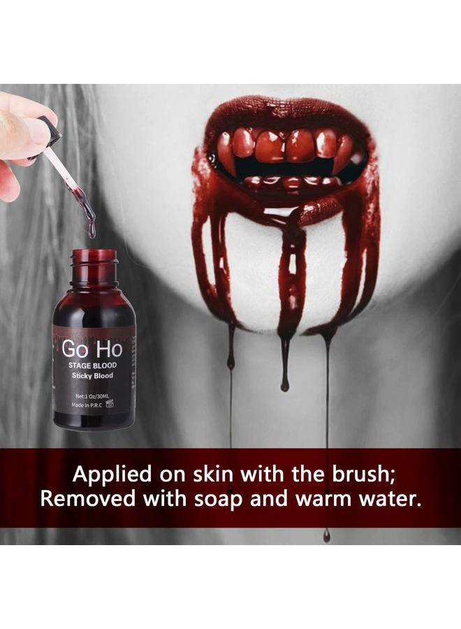 Go Ho Halloween Fake Blood Washable(1 oz),Dripping Sticky Blood with Brushes,Edible Fake Blood Makeup for Eyes Drips Teeths Mouth Nose Bleeds,Cosplay SFX Zombie Vampire Blood Makeup - Image 2