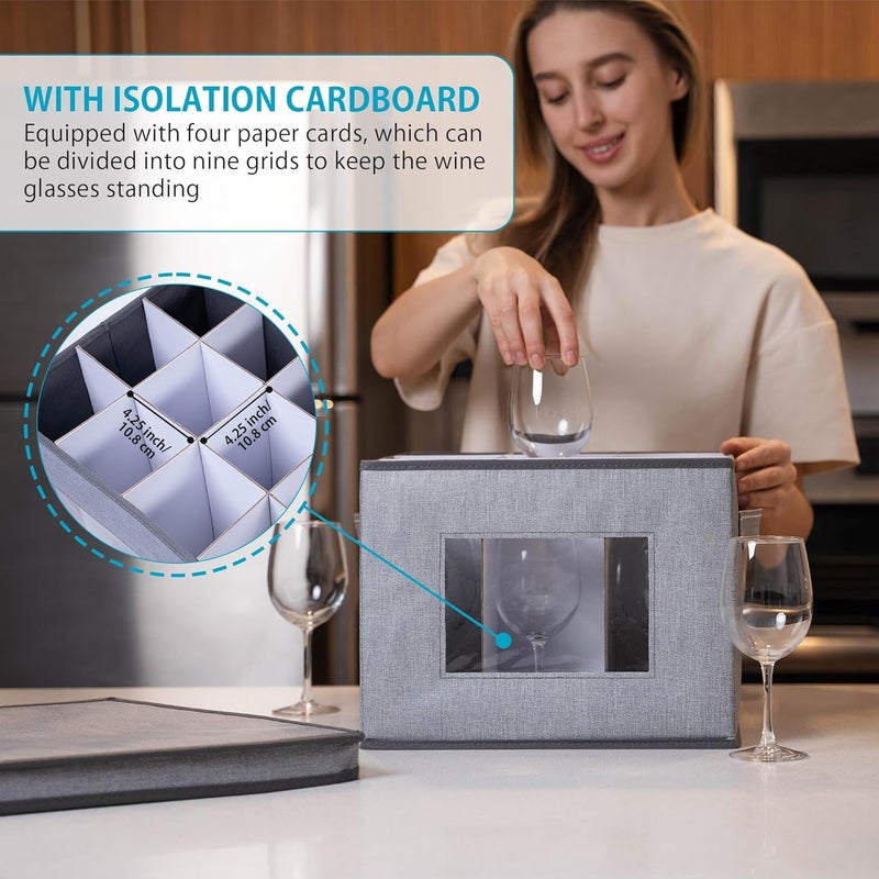 VENO VENO Wine Glass Storage Box with Lid and Handles Glasswares China Organizer Great for Moving Transport Dividers for 9 Glasses Wine Glasses  1 Pack - Image 3