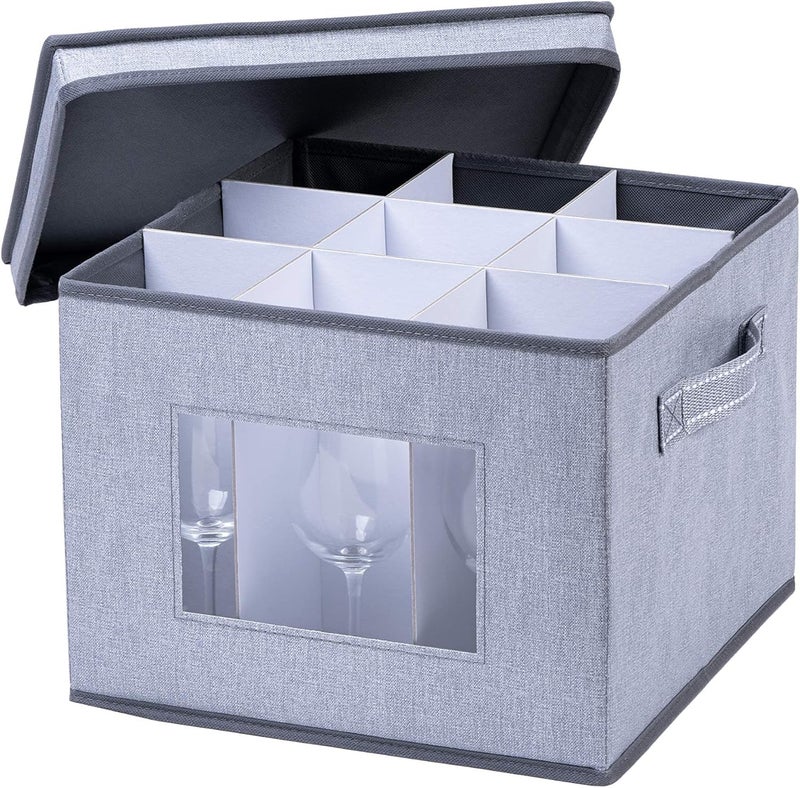 VENO VENO Wine Glass Storage Box with Lid and Handles Glasswares China Organizer Great for Moving Transport Dividers for 9 Glasses Wine Glasses  1 Pack - Image 1