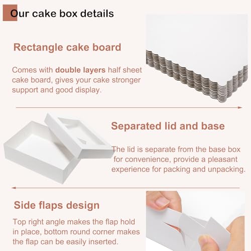 Mefleet 6pcs 19x14x5 Half Sheet Cake Boxes with 6pcs Cake Boards Rectangle 1/2 Sheet Bakery Boxes with Window for Pastry Baking Cake, Cupcakes, Donuts, Cookies, Pie Treat Packaging White Large - Image 3