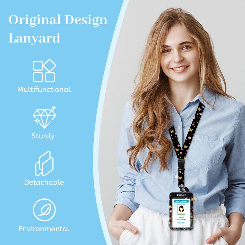 Hancynir Butterfly Floral Lanyard for Id Badge, Flower Badge Holder with Retractable Reel Clip, Name Tags Keychain Lanyard with ID Holder, Vertical Card Protector for Women Teacher Nurse Doctor Office - Image 2