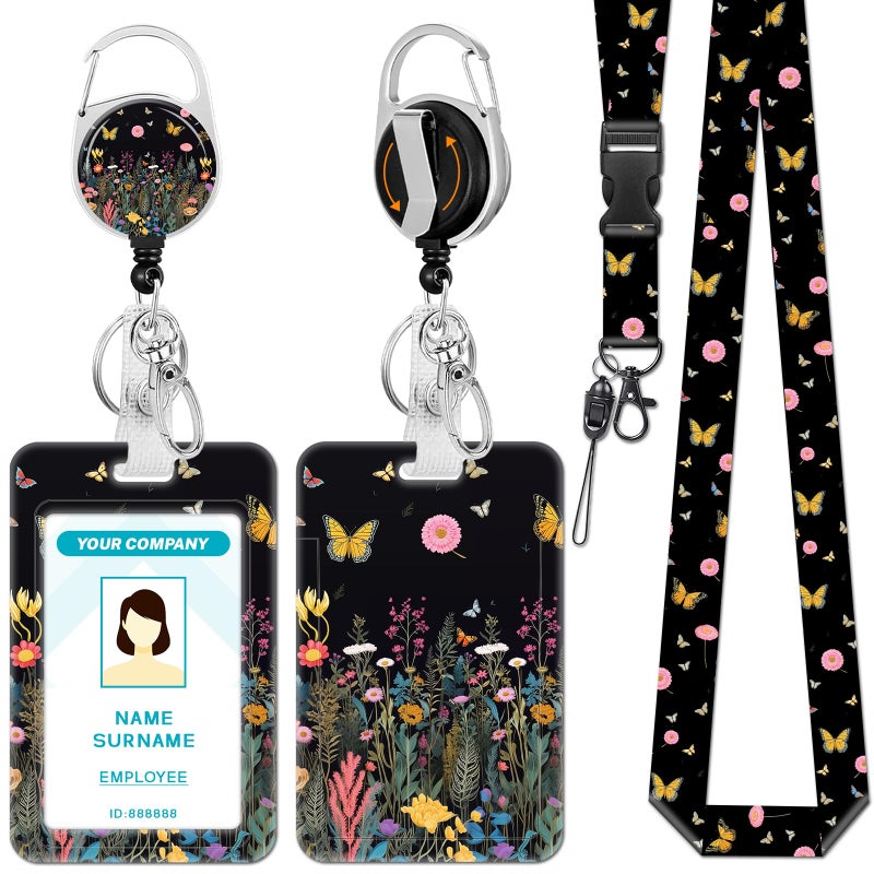 Hancynir Butterfly Floral Lanyard for Id Badge, Flower Badge Holder with Retractable Reel Clip, Name Tags Keychain Lanyard with ID Holder, Vertical Card Protector for Women Teacher Nurse Doctor Office - Image 1