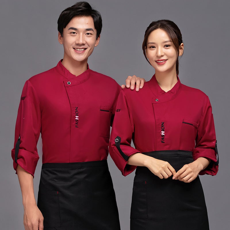 Canteen Chefs Clothes Restaurant Dining Overalls Mens and Womens Breathable Kitchen Hotel Western Restaurant Chefs Clothes Long Sleeve Printing Red single top 