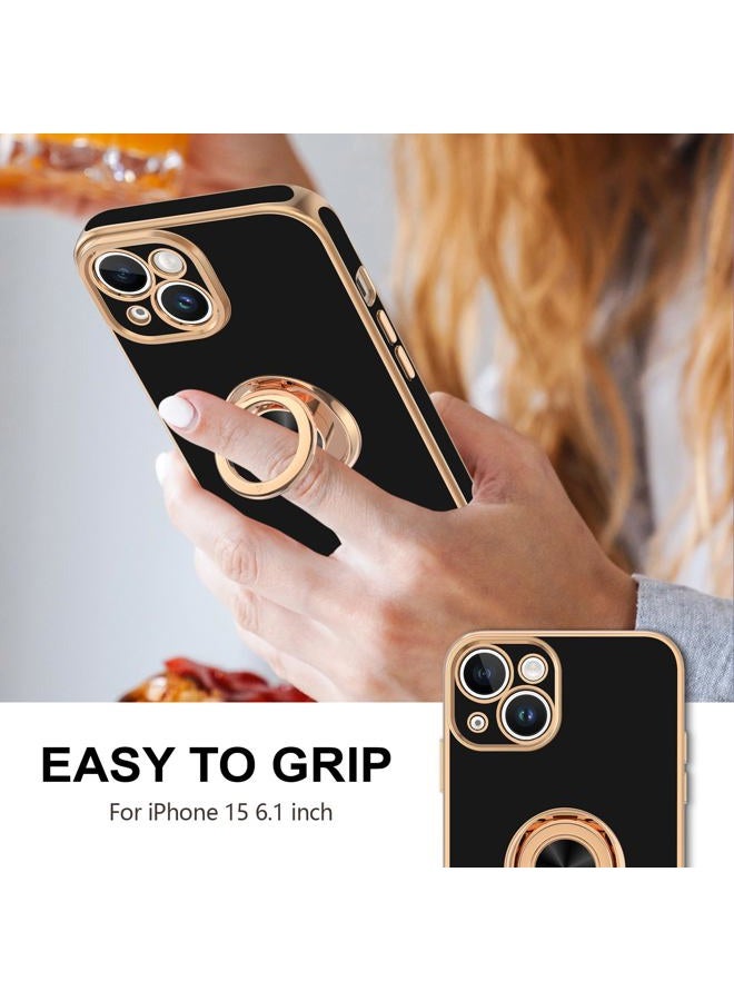Hython for iPhone 15 Case with Ring Stand, 360° Rotatable Ring Holder Magnetic Kickstand, Plating Rose Gold Edge Soft Cover Women Men Luxury Protective Phone Case for iPhone 15 6.1", Black - Image 2