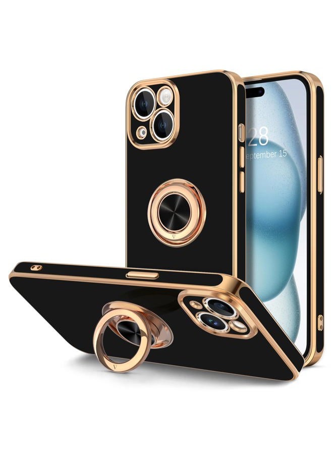 Hython for iPhone 15 Case with Ring Stand, 360° Rotatable Ring Holder Magnetic Kickstand, Plating Rose Gold Edge Soft Cover Women Men Luxury Protective Phone Case for iPhone 15 6.1", Black - Image 1