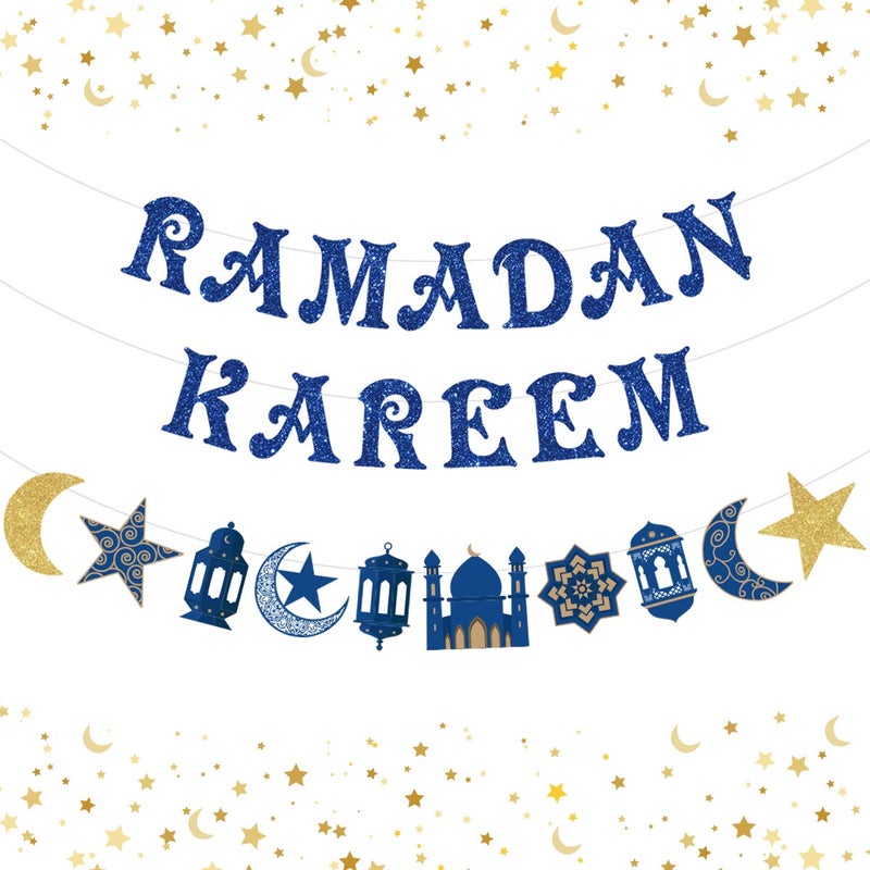 Festiko Ramadan Kareem Banner Ramadan Kareem Decoration Star and Moon Garland Blue Ramadan Party Supplies Hajj Eid Mubarak Party Muslim Islam Eid Celebration Decoration 2 Pack - Image 1