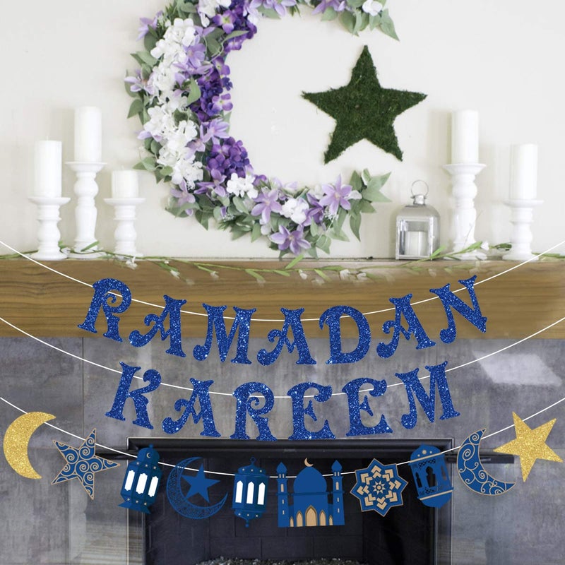 Festiko Ramadan Kareem Banner Ramadan Kareem Decoration Star and Moon Garland Blue Ramadan Party Supplies Hajj Eid Mubarak Party Muslim Islam Eid Celebration Decoration 2 Pack - Image 5