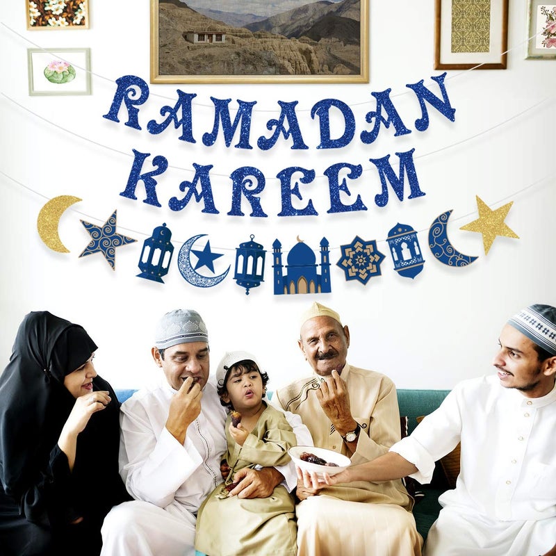 Festiko Ramadan Kareem Banner Ramadan Kareem Decoration Star and Moon Garland Blue Ramadan Party Supplies Hajj Eid Mubarak Party Muslim Islam Eid Celebration Decoration 2 Pack - Image 3
