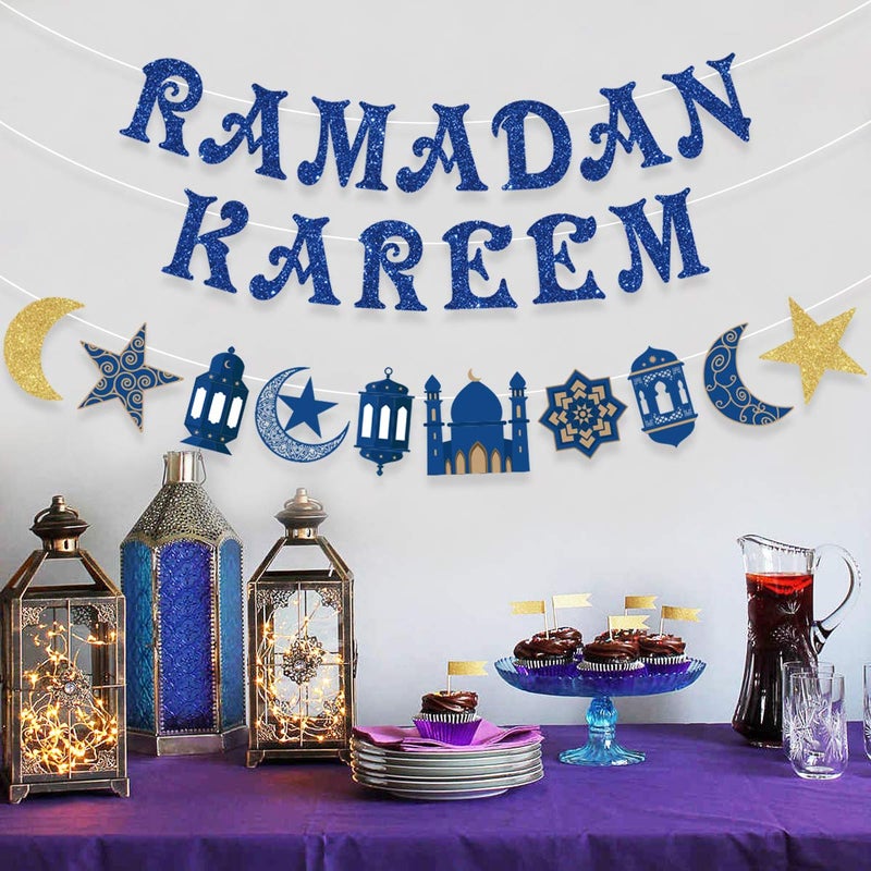 Festiko Ramadan Kareem Banner Ramadan Kareem Decoration Star and Moon Garland Blue Ramadan Party Supplies Hajj Eid Mubarak Party Muslim Islam Eid Celebration Decoration 2 Pack - Image 2