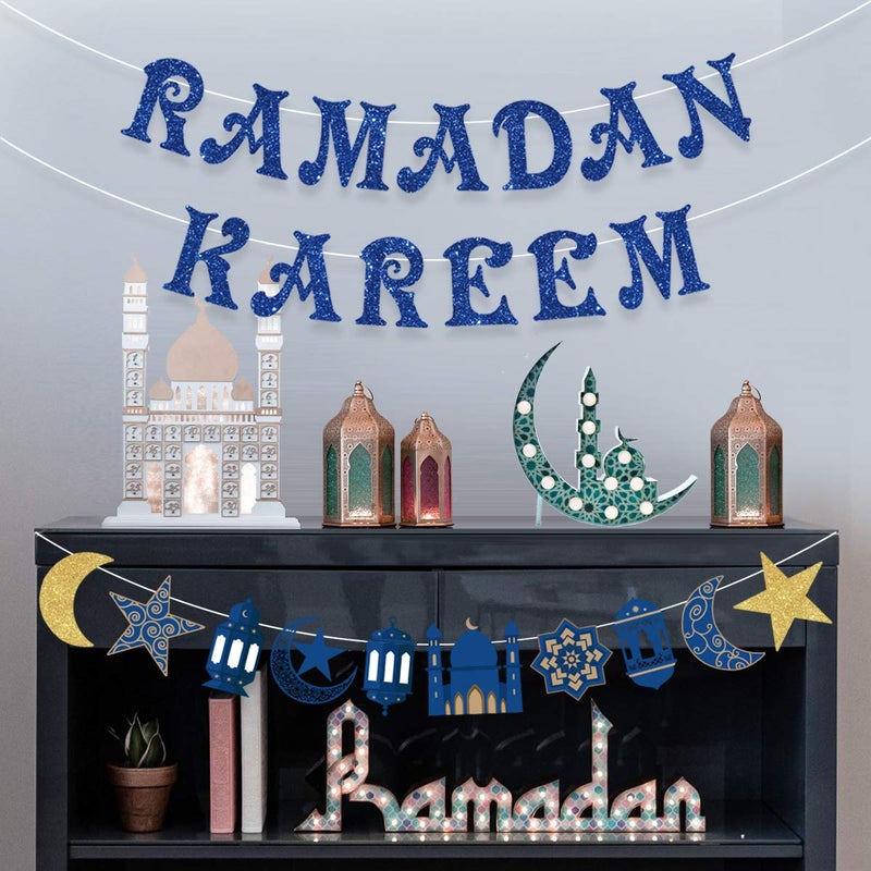 Festiko Ramadan Kareem Banner Ramadan Kareem Decoration Star and Moon Garland Blue Ramadan Party Supplies Hajj Eid Mubarak Party Muslim Islam Eid Celebration Decoration 2 Pack - Image 4