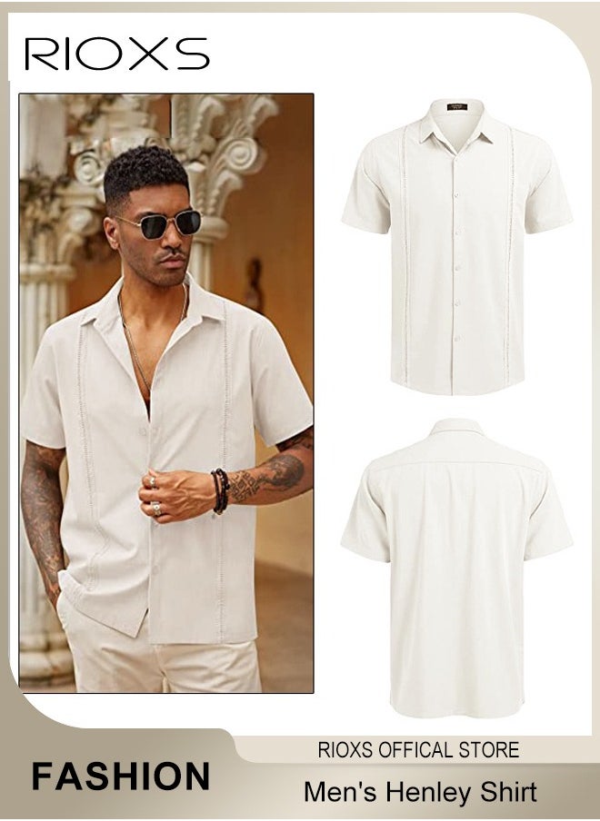 RIOXS - Men's Shirts, Button-Up Short Sleeve Top, Solid Color V-Neck Henley Shirts, Summer Loose Shirt, Casual Beach Shirts For Men, Comfy Mens Dress Shirts Tops For Hawaiian Office Or Daily Wear - Image 1