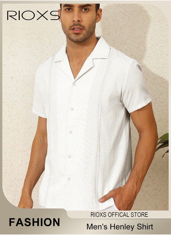 RIOXS - Men's Shirts, Button-Up Short Sleeve Top, Solid Color V-Neck Henley Shirts, Summer Loose Shirt, Casual Beach Shirts For Men, Comfy Mens Dress Shirts Tops For Hawaiian Office Or Daily Wear - Image 1