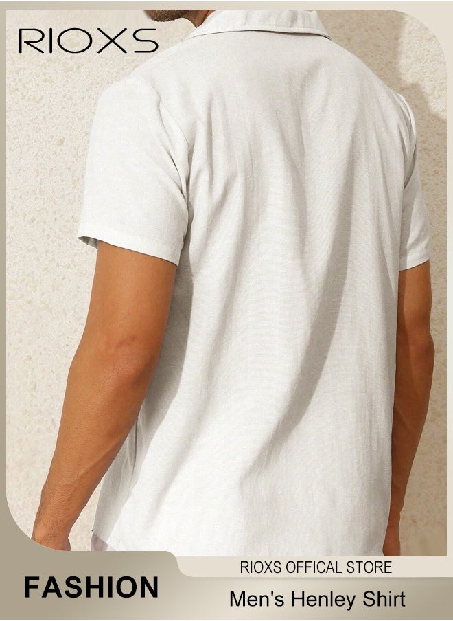 RIOXS - Men's Shirts, Button-Up Short Sleeve Top, Solid Color V-Neck Henley Shirts, Summer Loose Shirt, Casual Beach Shirts For Men, Comfy Mens Dress Shirts Tops For Hawaiian Office Or Daily Wear - Image 1