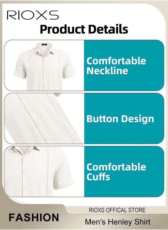 RIOXS - Men's Shirts, Button-Up Short Sleeve Top, Solid Color V-Neck Henley Shirts, Summer Loose Shirt, Casual Beach Shirts For Men, Comfy Mens Dress Shirts Tops For Hawaiian Office Or Daily Wear - Image 1