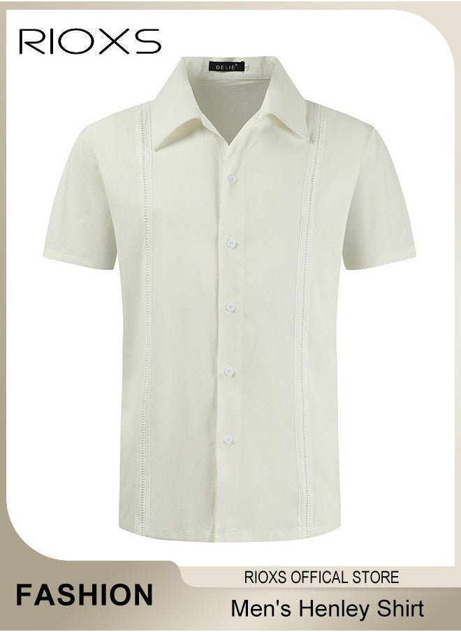 RIOXS - Men's Shirts, Button-Up Short Sleeve Top, Solid Color V-Neck Henley Shirts, Summer Loose Shirt, Casual Beach Shirts For Men, Comfy Mens Dress Shirts Tops For Hawaiian Office Or Daily Wear - Image 1