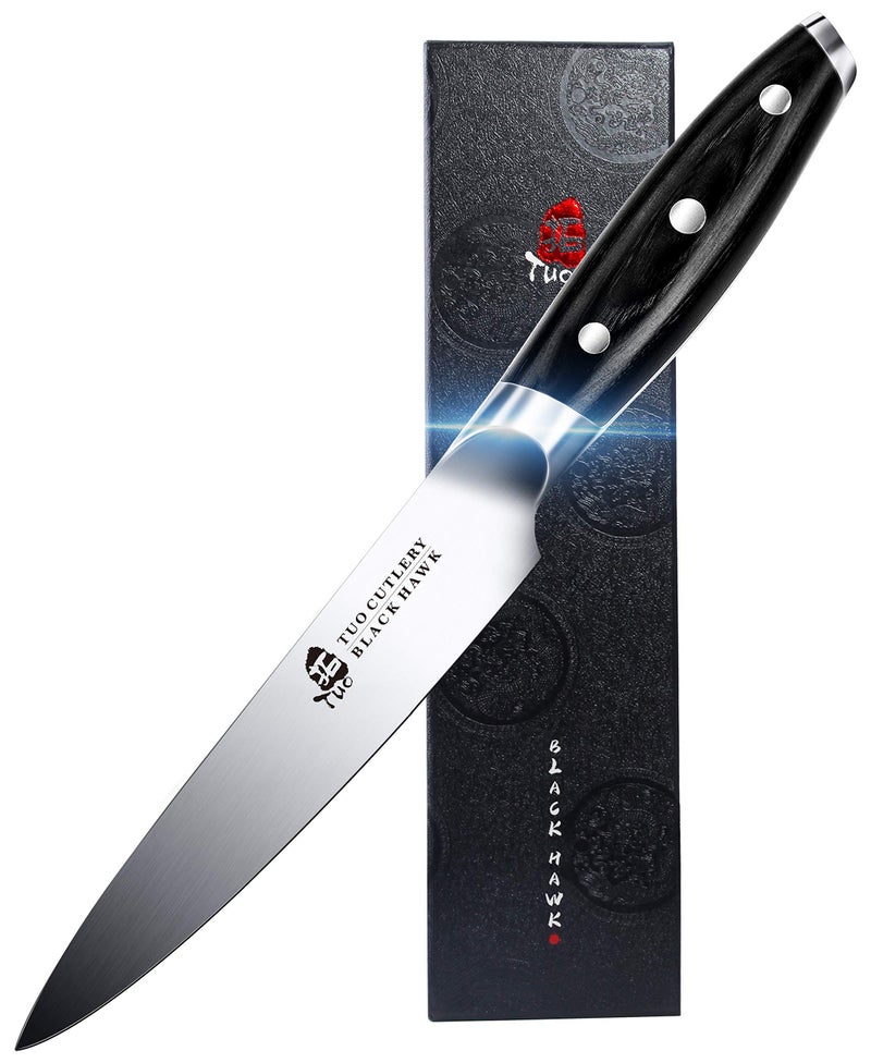 TUO Utility Knife  5 inch Kitchen Chefs knife  Meat Fruit Vegetable Knife Paring Knife  German HC Steel  Full Tang Pakkawood Handle  BLACK HAWK SERIES with Gift Box
