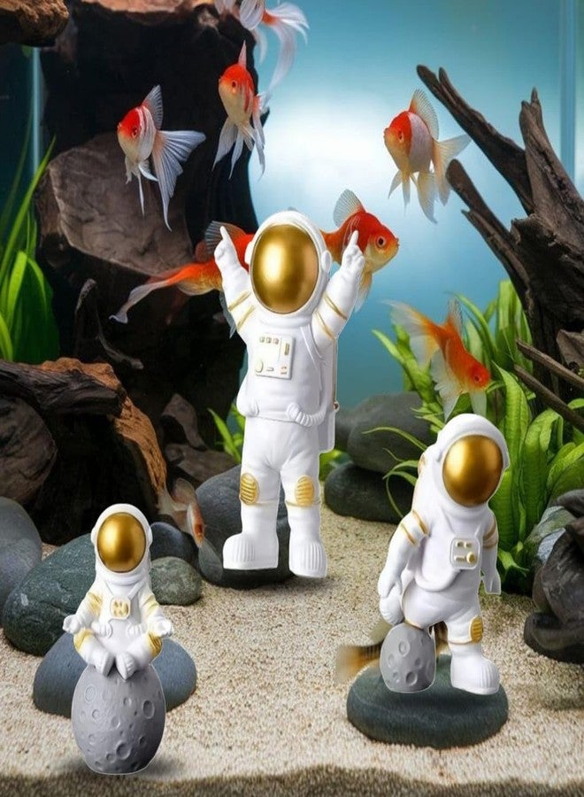 rizopets Aquarium Fish Tank Decorative Astronaut Figurines Set, White and Gold Space Explorer Statues with Moon Base, 3-Piece Room Decor - Image 3