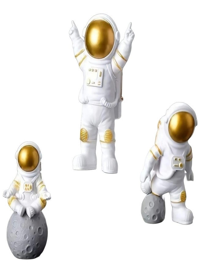 rizopets Aquarium Fish Tank Decorative Astronaut Figurines Set, White and Gold Space Explorer Statues with Moon Base, 3-Piece Room Decor - Image 1
