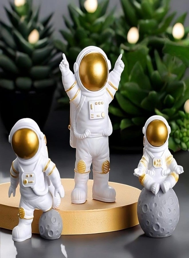 rizopets Aquarium Fish Tank Decorative Astronaut Figurines Set, White and Gold Space Explorer Statues with Moon Base, 3-Piece Room Decor - Image 5