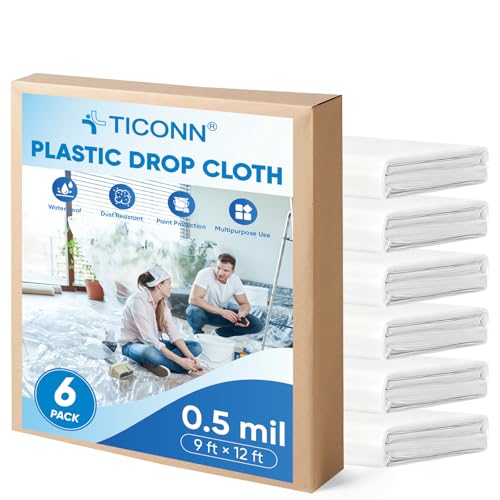 TICONN 12 x 9 Ft Plastic Drop Cloth for Painting, Waterproof Painters Plastic Sheeting, Painting Tarp for Furniture Cover, Floor Protection (6PK, 0.5Mil) - Image 1