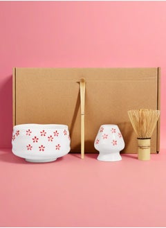 Squarecircle 4-piece Japanese Matcha Set, Ceramic Matcha Bowl+Whisk Holder+Bamboo Whisk+Spoon,for Traditional Tea Ceremony-Coarse Ceramic Perfect Handmade Matcha Kit to Prepare Traditional Matcha Tea, 100% Natural Matcha Gift Kit (White and pink)（Cherry Blossom Pattern）  - Image 1