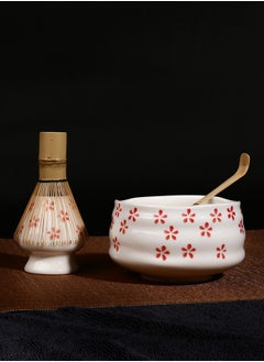 Squarecircle 4-piece Japanese Matcha Set, Ceramic Matcha Bowl+Whisk Holder+Bamboo Whisk+Spoon,for Traditional Tea Ceremony-Coarse Ceramic Perfect Handmade Matcha Kit to Prepare Traditional Matcha Tea, 100% Natural Matcha Gift Kit (White and pink)（Cherry Blossom Pattern）  - Image 3