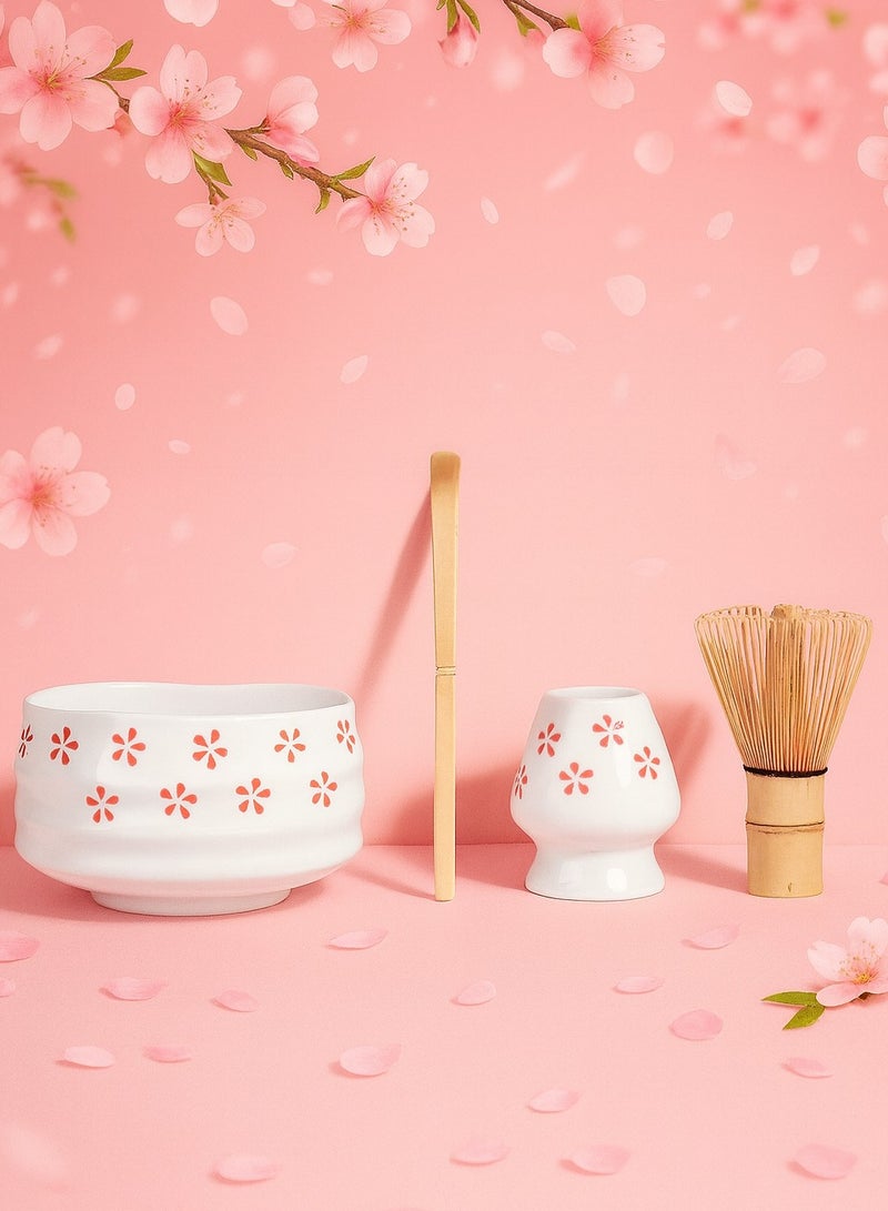 دائرة مربعة طقم ماتشا ياباني مكون من 4 قطع، وعاء ماتشا سيراميكي + حامل خفاقة + خفاقة من الخيزران + ملعقة، لحفل الشاي التقليدي - مجموعة ماتشا مصنوعة يدويًا من السيراميك الخشن لتحضير شاي ماتشا التقليدي، مجموعة هدايا ماتشا طبيعية 100% (أبيض ووردي) (نقشة زهرة الكرز) - Image 1