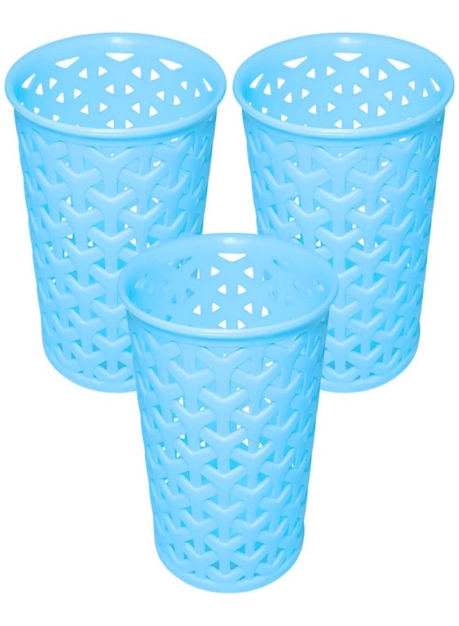 MORVI Linea Big Round Plastic Multipurpose Organizer For Kitchen, Bathroom, Salon, Office|Stationery,Cutlery,Pen,Makeup Brushes Holder|Hanging Toothbrush Stand |Pack Of 3 | BLUE - Image 1