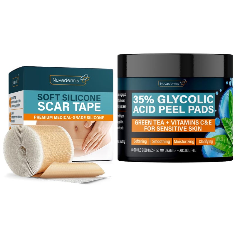 Nuvadermis Scar Tape  Glycolic Pads  CSection Tummy Tuck Keloid Removal Treatment  Post Surgery Supplies  Patch Bandage  Exfoliating Facial Peel  Radiance Face Wipes  60 DoubleSide Pads - Image 1