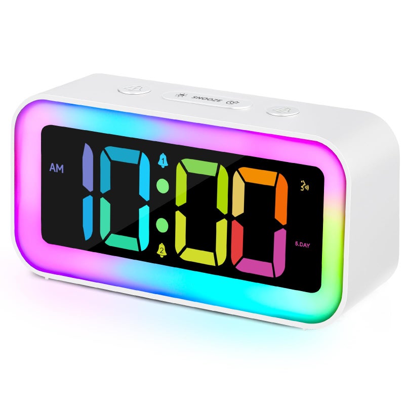 Cadmos Loud Alarm Clock for Bedrooms with Dynamic RGB Night LightHeavy Sleepers AdultsDual AlarmDimmerUSB ChargerSmall Bedside Digital Clock with Led Display for KidsTeensSeniors White