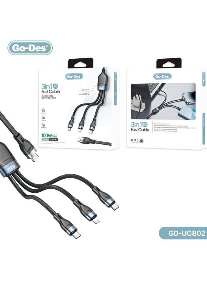 GO-DES 3 in 1 PD Multiport Cable Type-C to 2 Type-C 1 Lightning GD-UC802 - Image 2