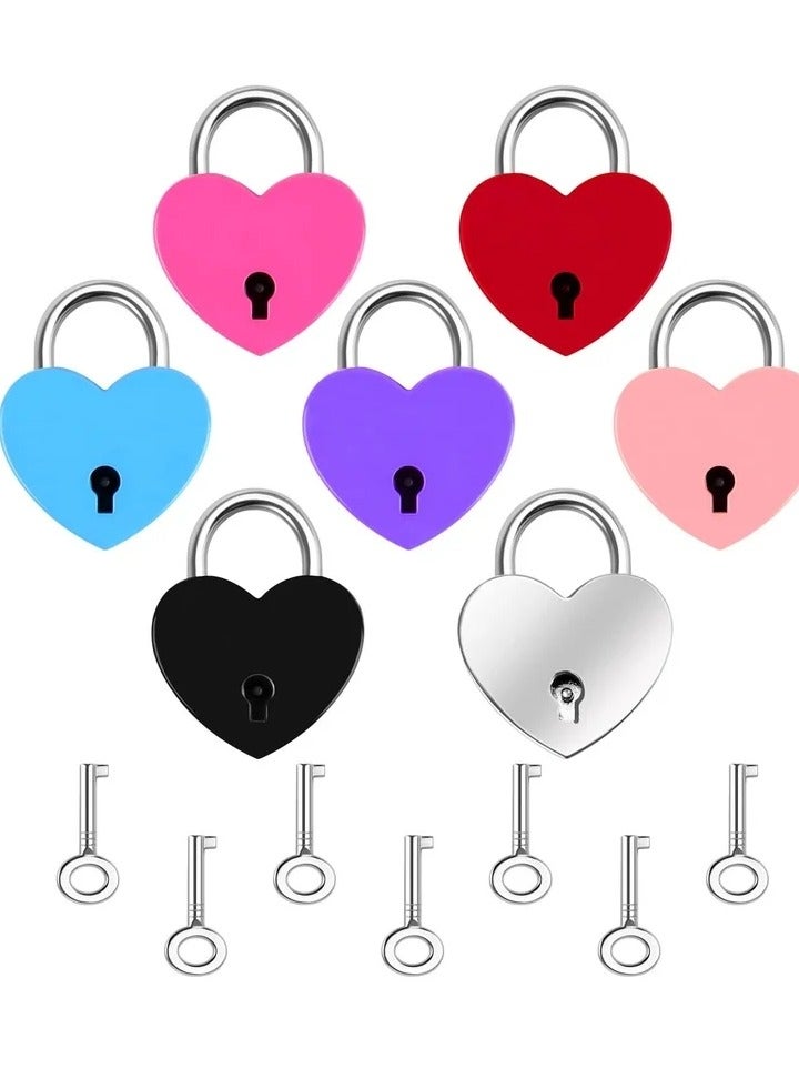 7 Piece Small Padlock Mini Lock Alloy Heart Shaped with Key Suitcase Locker Decorative Diary Love for Box Luggage (Multi Color) - Image 1