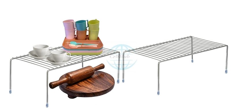 CR18 COLLECTION Stainless Steel Multipurpose Rack & Holder/Dish Rack/Storage Shelves For Kitchen Cabinets/Plate Stand/Utensil Rack (Silver) Chrome Finish (Pack Of 2, Freestanding, Tiered Shelf) - Image 1