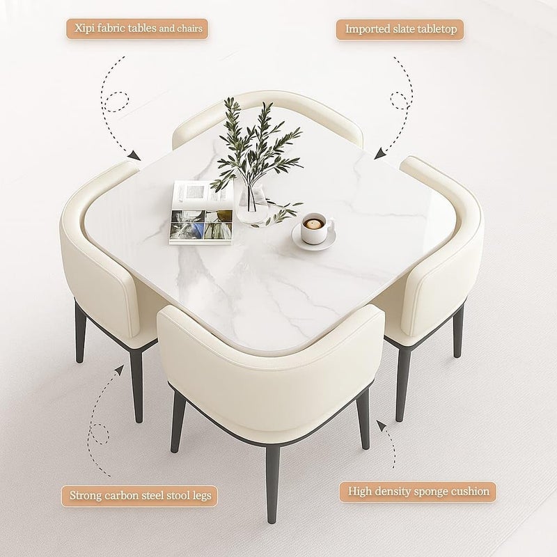 Harmony Homes طقم طاولة طعام رخامية سيراميكية فاخرة - مربع بيج فاتح 4 مقاعد مع أرجل معدنية وكراسي مبطنة بجلد PU - Image 4