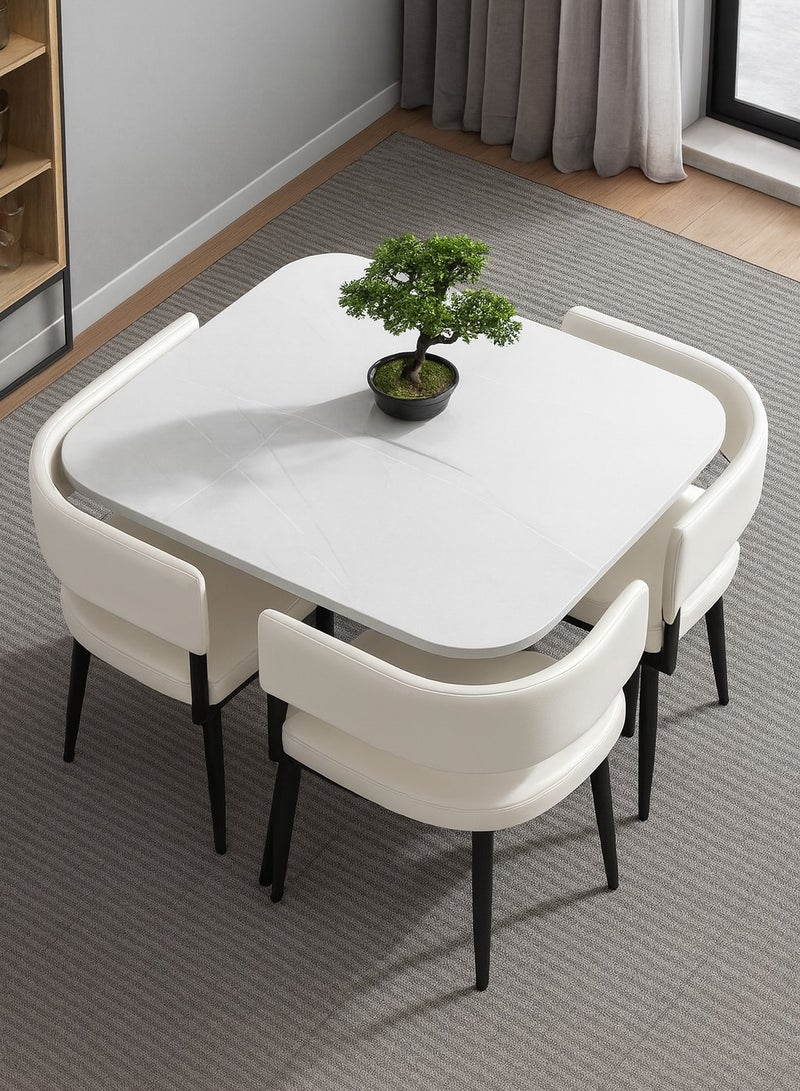 Harmony Homes طقم طاولة طعام رخامية سيراميكية فاخرة - مربع بيج فاتح 4 مقاعد مع أرجل معدنية وكراسي مبطنة بجلد PU - Image 1