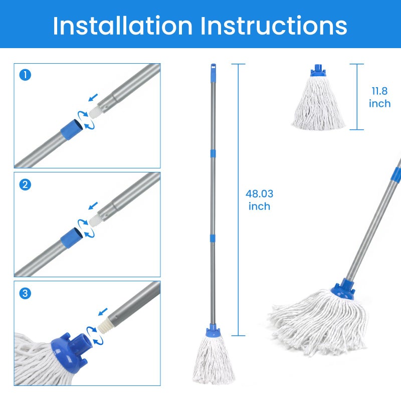 TrueYee Indoor Mop for Floor Cleaning, Lightweight Cotton Mop with 2 Washable Heads - Image 2
