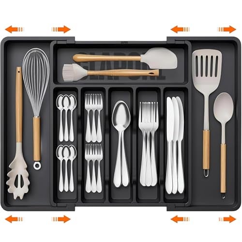 CLAPONE Drawer Organizer Tray/Kitchen Expandable Utensil Tray/Adjustable Utensil Organizer/Cutlery Silverware Flatware Holder/Divider for Spoons Forks Knives Tableware (Black, 1 Pieces) - Image 1