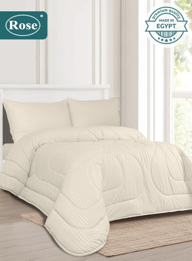 ROSE Hotel Striped Comforter Set, Premium Microfiber, 4 pieces, Fits 120x200 cm Single Size Bed, Soft Lightweight, Extra Twin Size Comforter, Off White - Image 1