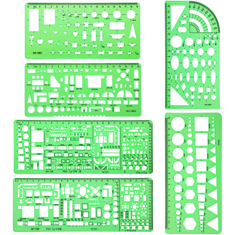 Shappy 6 Pieces Plastic Measuring Templates Building Formwork Stencils Geometric Drawing Rulers for Office and School, Clear Green - Image 1