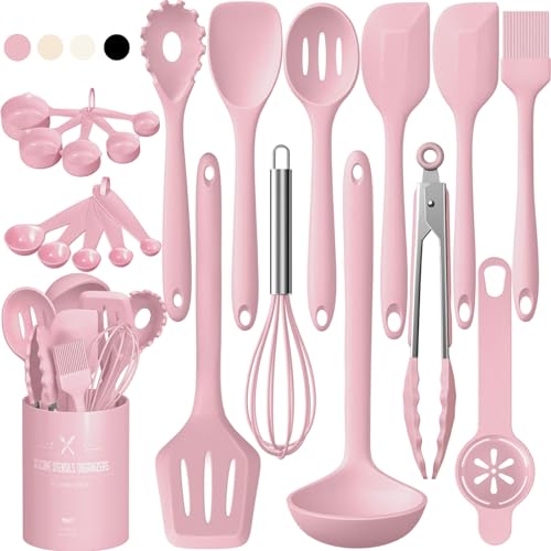 Umite Chef 22Pcs Silicone Cooking Utensils Set Heat Resistant Silicone Kitchen Spatulas Set with Holder Cooking Gadgets Tools Set for Nonstick Cookware Dishwasher SafePink