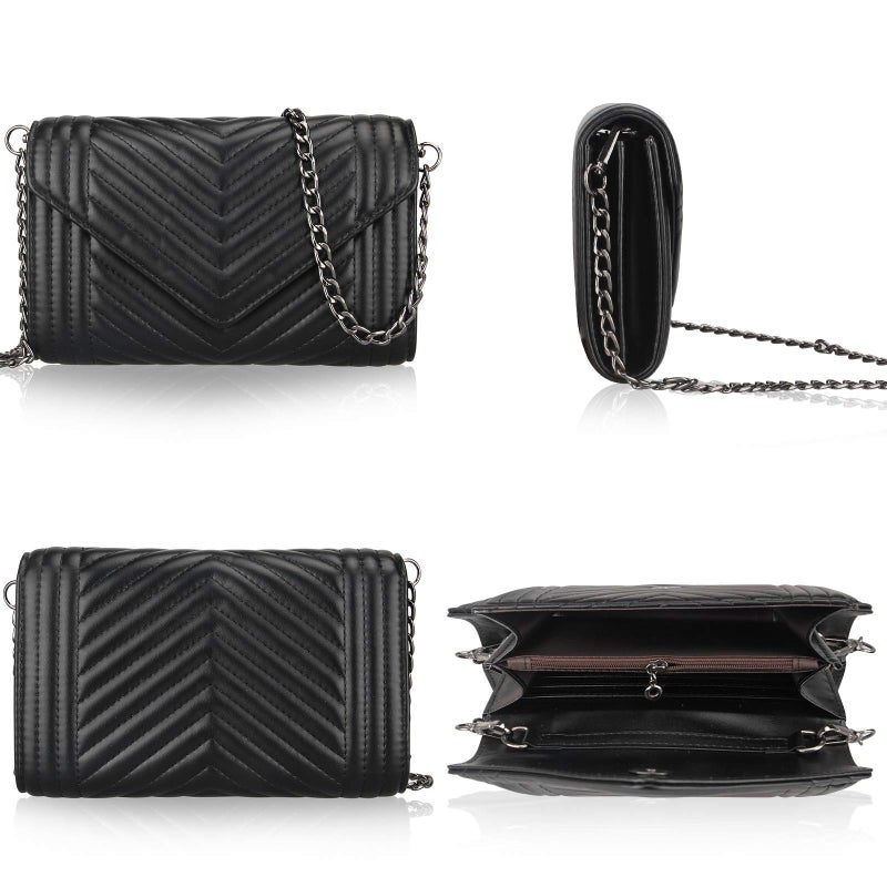 Voikukka Small Leather Crossbody Bag for Women Clutch Purse Womens Handbag Ladies Black Cross Body Purses Designer Shoulder Bag with Chain Strap Mini Quilted Crossbody Phone Bags - Image 4